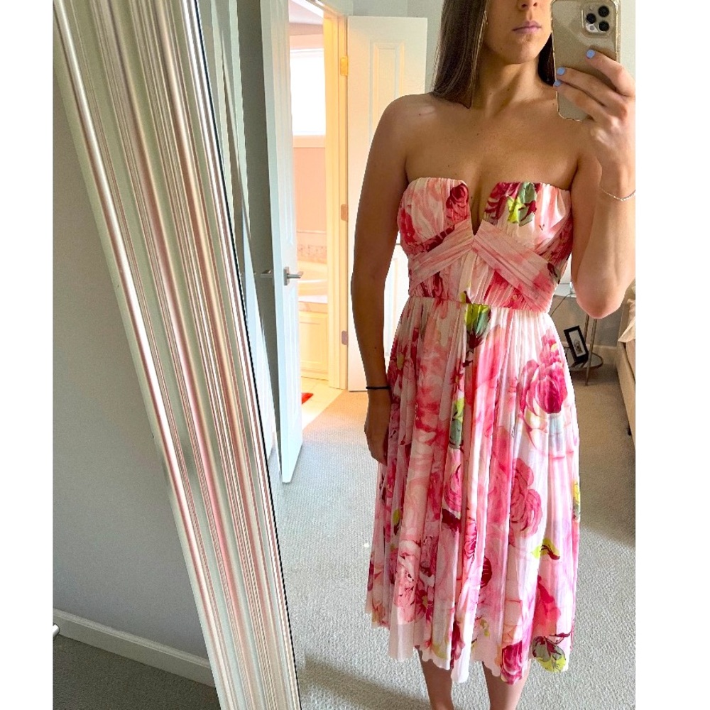 Strapless Pink Floral Midi Dress